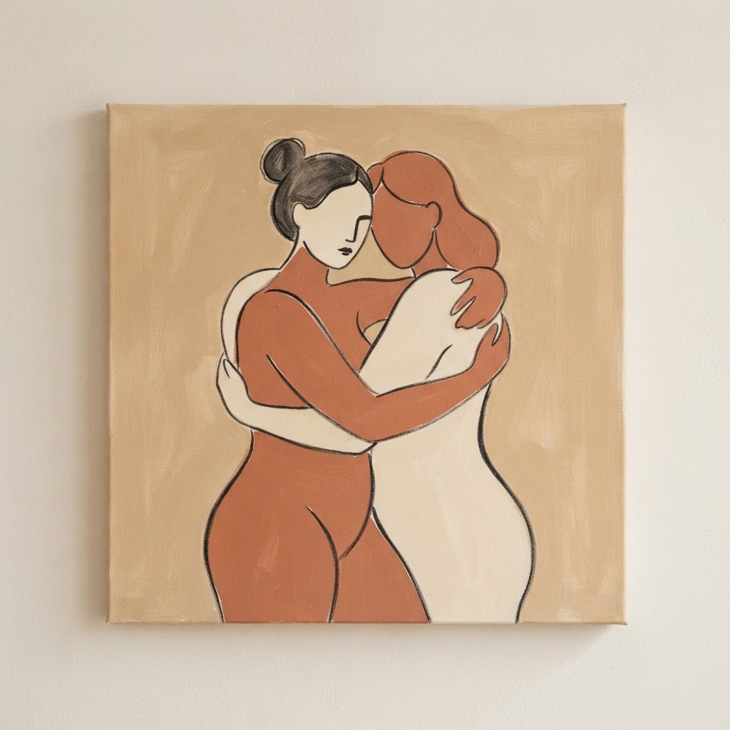 Las dos, acrílico y carbonilla fijada, 90 × 90 cm